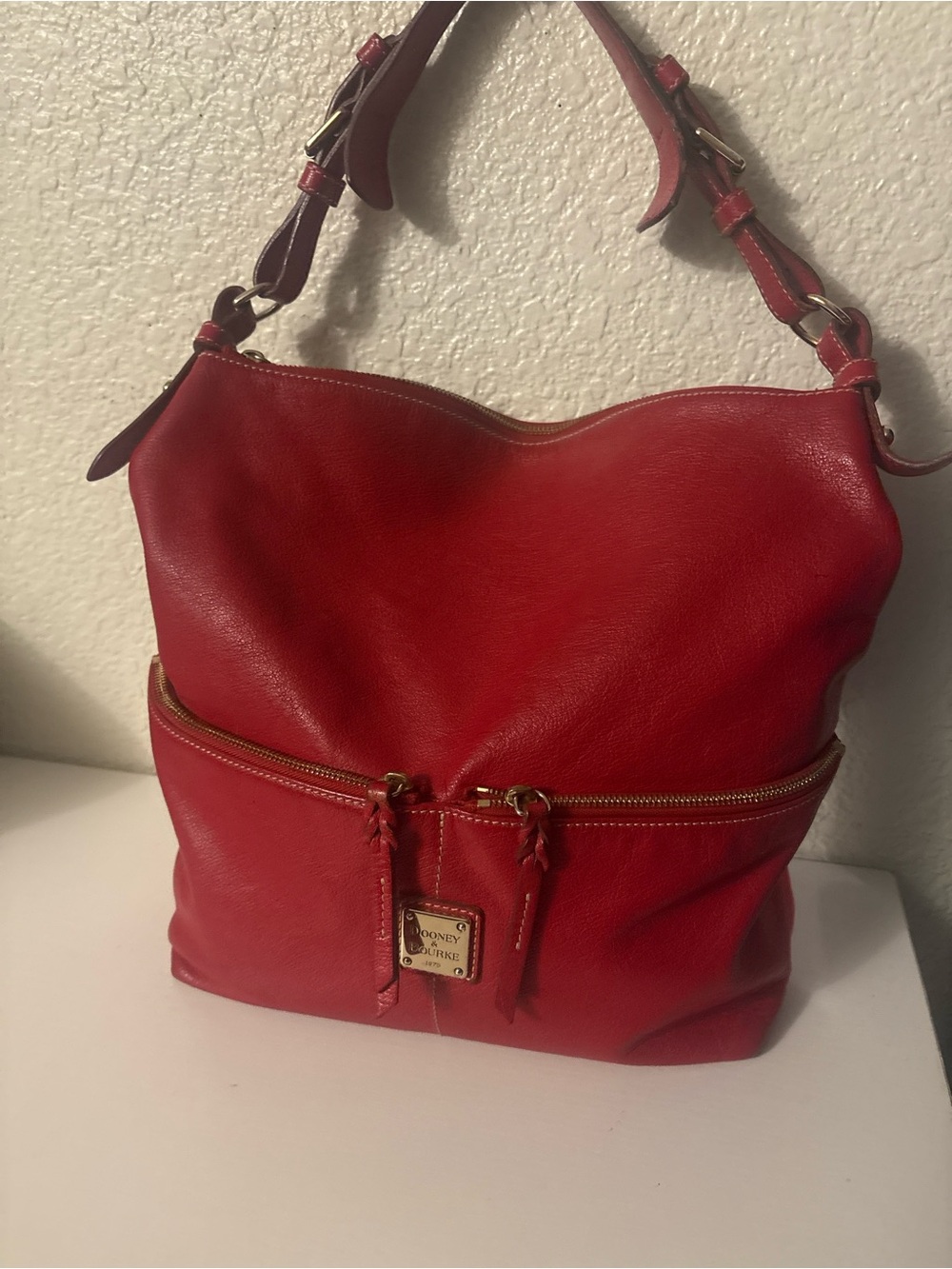 Dooney & Bourke Red Leather Shoulder Bag with Front Zip Pocket